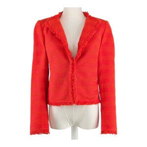 Modern Bohemia Trina Turk Tweed Blazer Women 0 Orange Fringe Trim Cropped Jacket